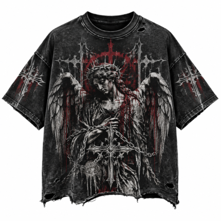 Distressed Gothic Angel Graphic Oversized T-Shirt | Custom Streetwear Tee